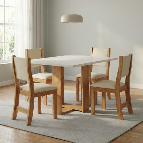 Conjunto Sala de Jantar Mesa Retangular 120x80cm 4 Cadeiras Estofadas Bege