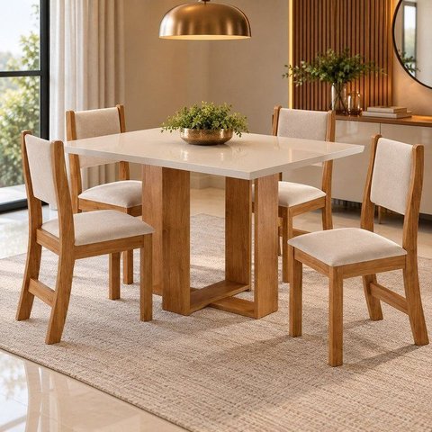 Conjunto Sala de Jantar Mesa Retangular 120x80cm 4 Cadeiras Estofadas Bege Mel/Blonde