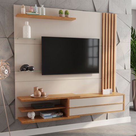 Painel Ripado para TV até 65 Polegadas MDF 180CMX160,8cm 1 Porta Basculante Zinder Bege