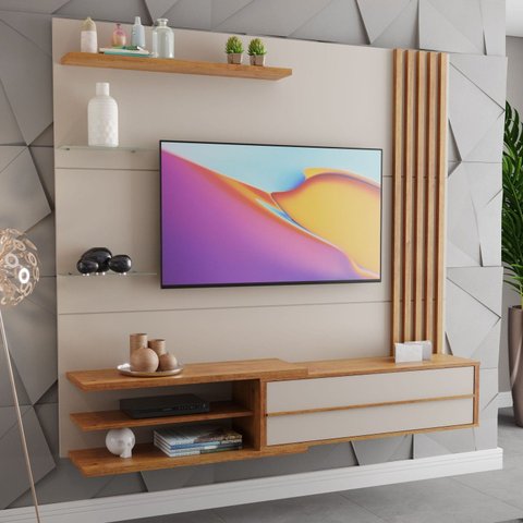 Painel Ripado para TV até 65 Polegadas MDF 180CMX160,8cm 1 Porta Basculante Zinder Bege