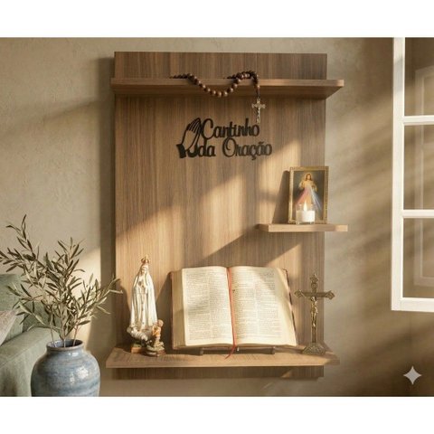 Altar de Parede Amadeirado - Cantinho da Oração Oratório Decorativo - Acompanha Frase Cantinho da