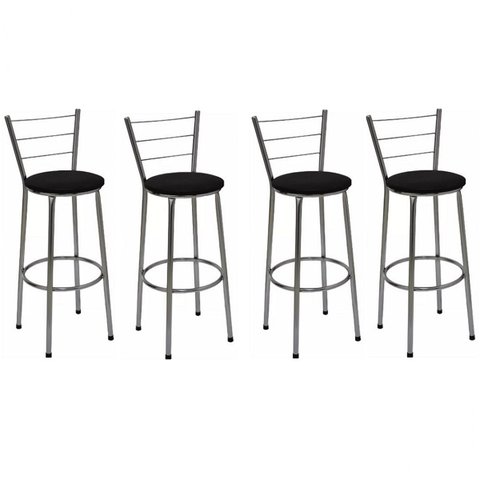 Kit 4 Banquetas Média Cromada Com Encosto Assento Preto