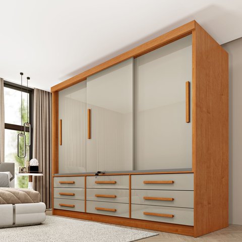 Guarda Roupa Casal 3 Portas 9 Gavetas 199cm Chicago Bege/Cinamomo/Off White