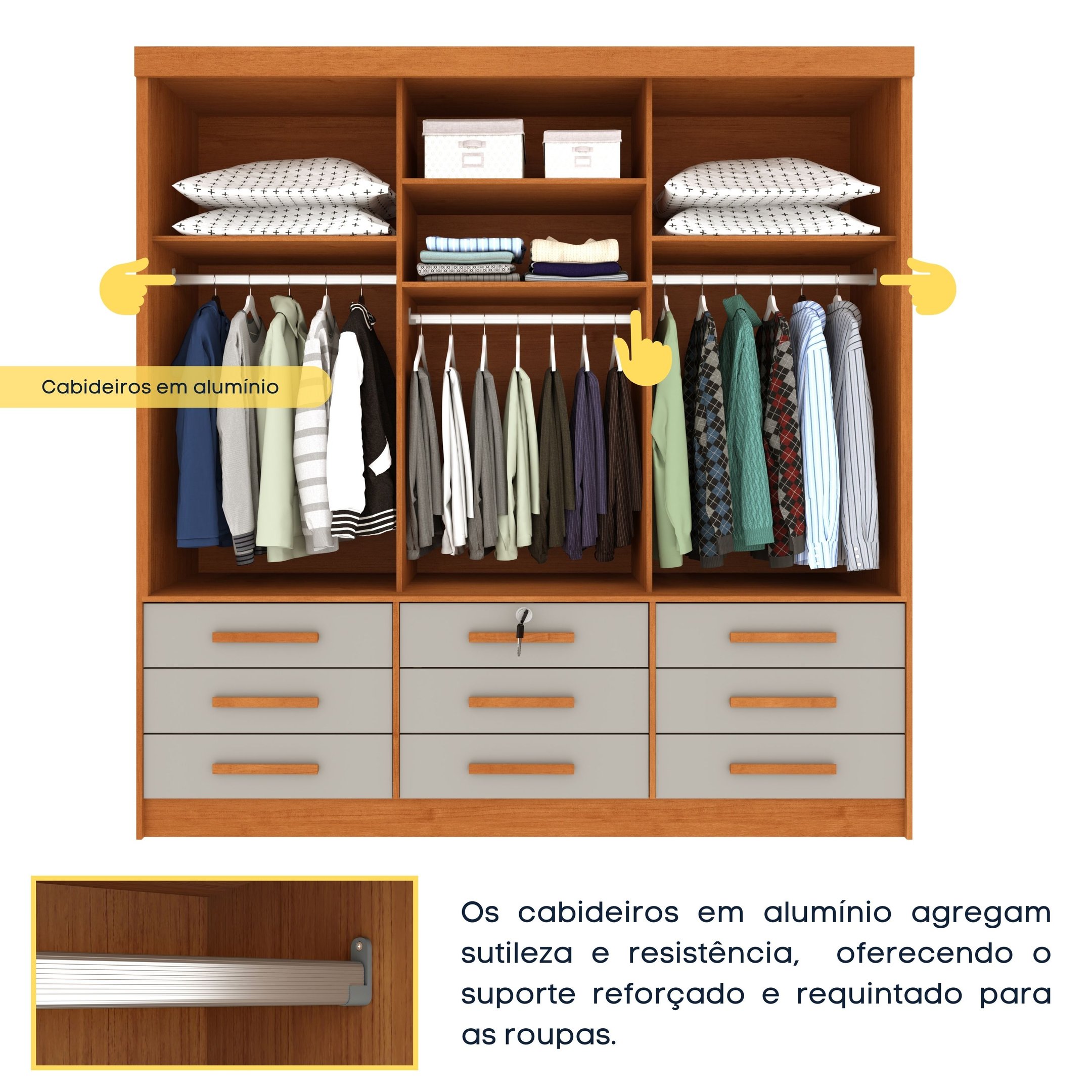 Guarda Roupa Casal com Espelho e pés 3 Portas 9 Gavetas 199cm Chicago   - 7