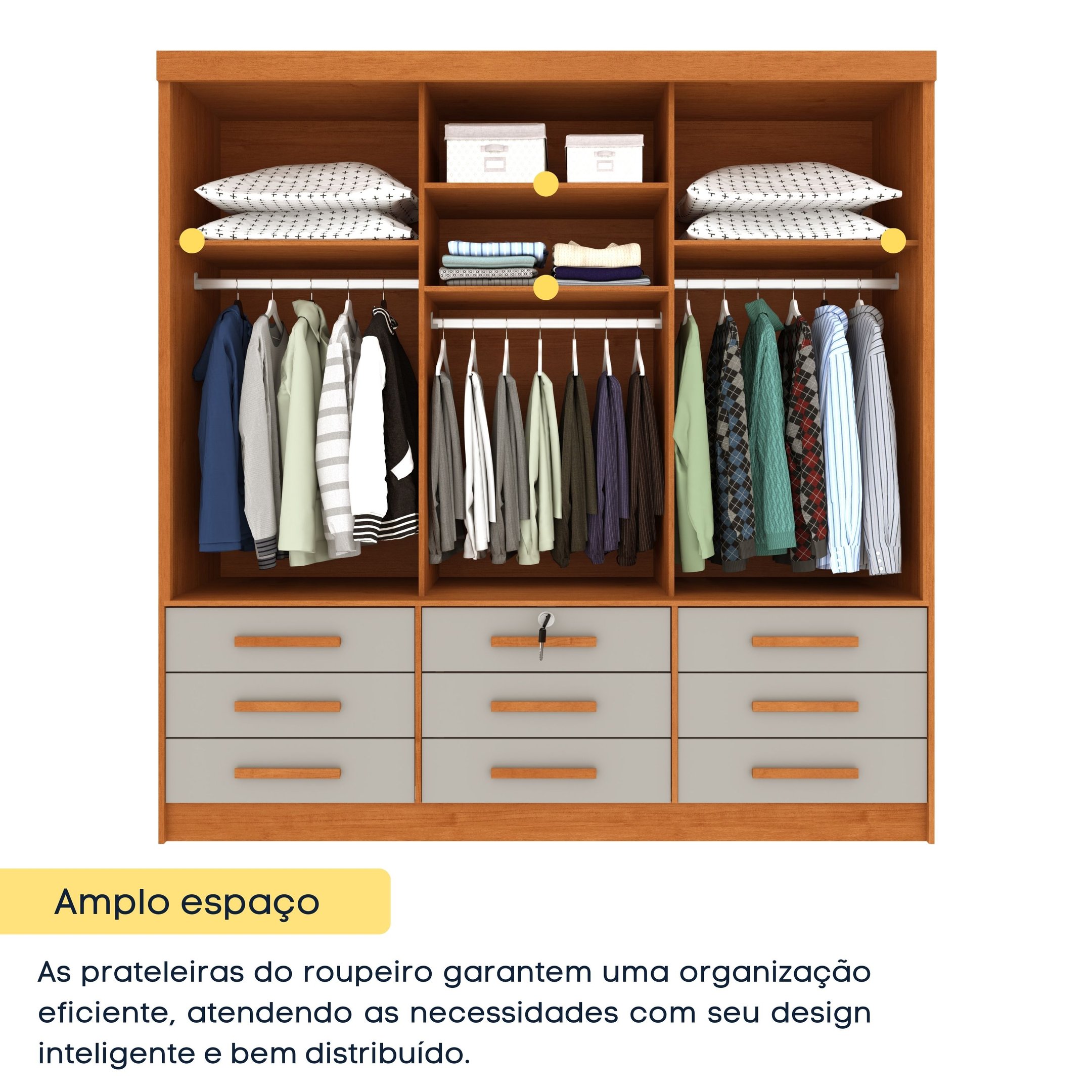 Guarda Roupa Casal com Espelho e pés 3 Portas 9 Gavetas 199cm Chicago   - 6