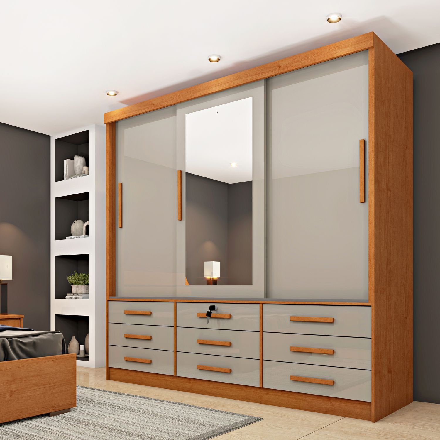 G:977729     3ドア　２０１９年　　350L Guarda Roupa Casal com Espelho 3 Portas de Correr 9 Gavetas 199cm