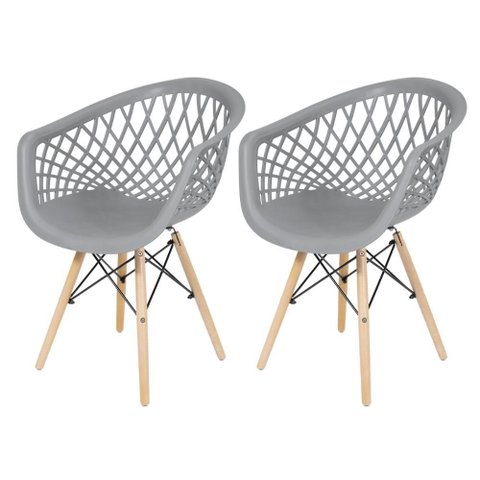 Kit 2 Cadeiras Web Dsw Ergonômica Apoio de Braço Base Madeira Sala Cozinha Jantar - Lamobilia