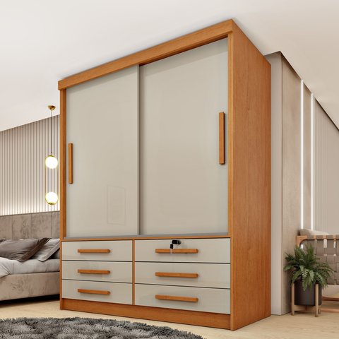 Guarda Roupa Solteiro 2 Portas 6 Gavetas 133cm Chicago Bege/Cinamomo/Off White