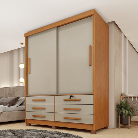 Guarda Roupa Solteiro com Pés 2 Portas 6 Gavetas 133cm Chicago Bege/Cinamomo/Off White