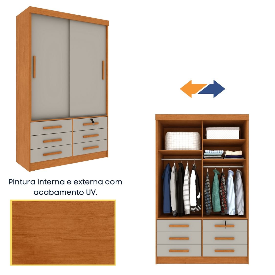 Guarda Roupa Solteiro com Espelho 2 Portas 6 Gavetas 133cm Chicago   - 8