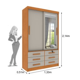 Guarda Roupa Solteiro com Espelho 2 Portas 6 Gavetas 133cm Chicago   - 2