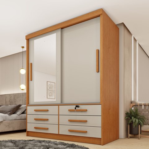 Guarda Roupa Solteiro com Espelho 2 Portas 6 Gavetas 133cm Chicago Bege/Cinamomo/Off White