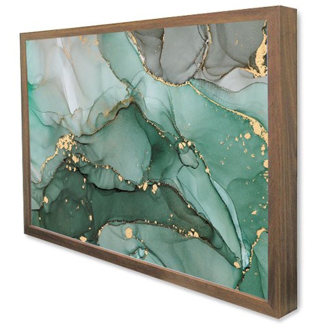 Quadro Decorativo Caixa Alta com Vidro Abstrato Mármore Verde Safira TaColado Moldura Madeira 120 x 