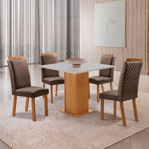 Mesa Jantar Loren 4 Lugares MDF Cadeiras Lorena Veludo Marrom 90cm Moderna