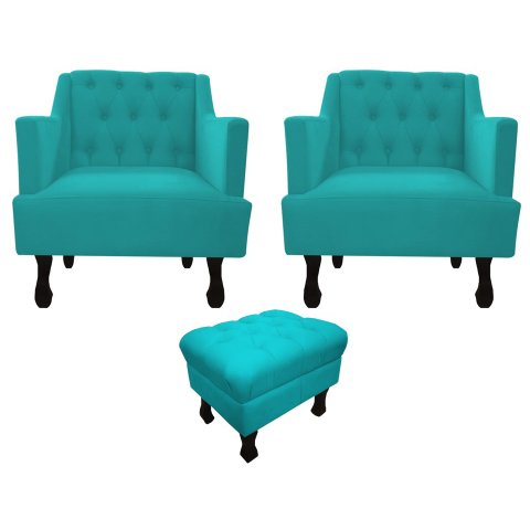 Kit 2 Poltronas Decorativa Julia + Puff Luis Xv Suede Azul Tifany Pés Madeira Mz Decor