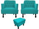 Ver imagem 1 de Kit 2 Poltronas Decorativa Julia + Puff Luis Xv Suede Azul Tifany Pés Madeira Mz Decor