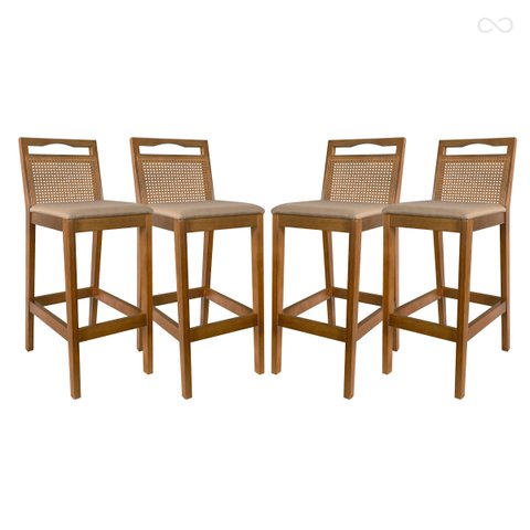 Kit 4 Banquetas de Madeira para Bancada Alta Valência Rattan Amêndoa Linho Bege Ccs