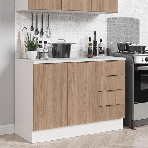 Balcão Pia Planejado 120cm com Tampo com Rodapé Puxador 150mm Ipanema CabeCasa MadeiraOriginals Branco/Acácia