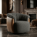 Ver imagem 2 de Poltrona Decorativa Giratória Luxuosa Linho Cinza Escuro Detalhe Courino Caramelo Montada Sala Hall