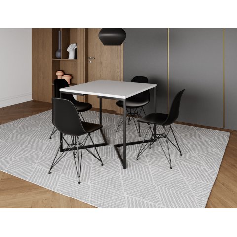 Mesa Industrial Base Ferro Preto em V Tampo 90x90 Branco 4 Cadeiras Eames Ferro Assento Preto