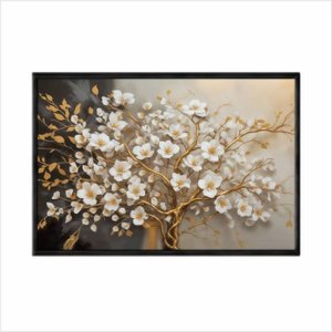 Quadro Decorativo - Arvore Dourado Branco Luxo Ouro Art049 - Tela Canvas - 80x60cm