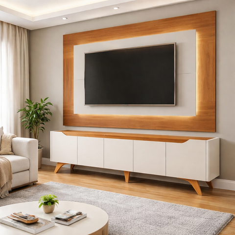 Rack com Painel para TV até 65 Polegadas 100% MDF com LED Pés em Madeira Maciça Grécia