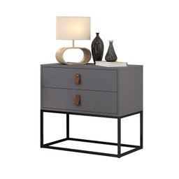 Mesa de Cabeceira Criado Unic 60cm Cinza Fosco 2 Gavetas Puxadores em Couro com Pés de Metal Preto - 1