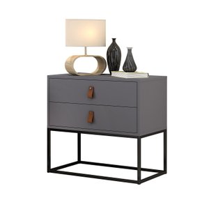Mesa de Cabeceira Criado Unic 60cm Cinza Fosco 2 Gavetas Puxadores em Couro com Pés de Metal Preto