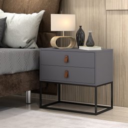 Mesa de Cabeceira Criado Unic 60cm Cinza Fosco 2 Gavetas Puxadores em Couro com Pés de Metal Preto - 2
