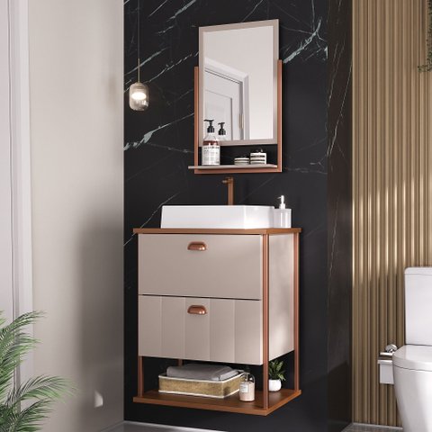 Gabinete Suspenso com Cuba e Espelheira 60cm Olivia Espresso Móveis Bege/Cappuccino