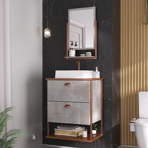 Gabinete Suspenso com Cuba e Espelheira 60cm Olivia Espresso Móveis Cinza/Cimento