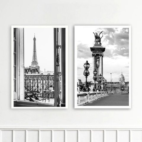 Kit 2 Quadros Decorativos Fotografias Paris Pb 24x18cm:moldura Branca