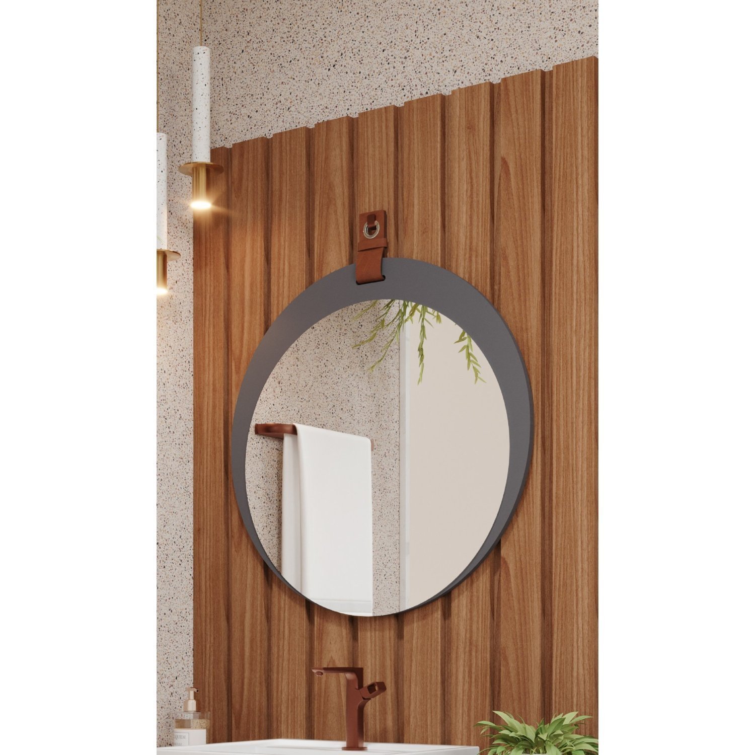 Espelheira Para Banheiro Alça em Couro Lua Espresso Móveis - 1