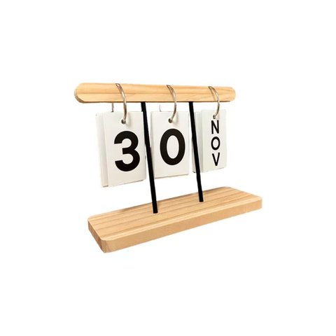 Calendário de Mesa Base de Madeira Permanente C/ Argolas Cartões Dia e Mês Decoração Escritório Home