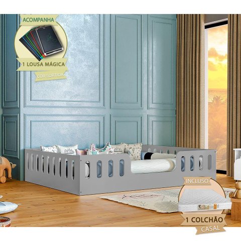 Cama Infantil com Colchão Casal Montessoriana Helo Cinza Incluso Lousa Magica - Cinza