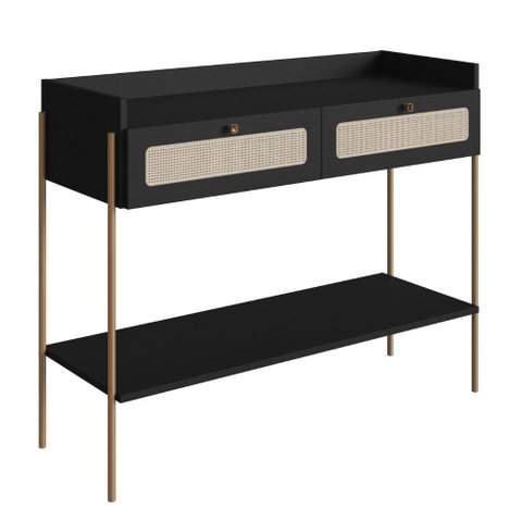 Aparador 2 Gavetas Oslo Artesano 103 Cm (largura) Mdp Nero Palha Sintética Bege Pé Metal Dourado