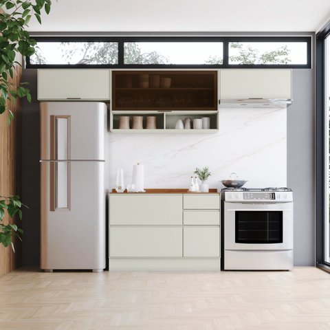 Cozinha Compacta 4 Peças em MDF Fineze Areia e Cinamomo