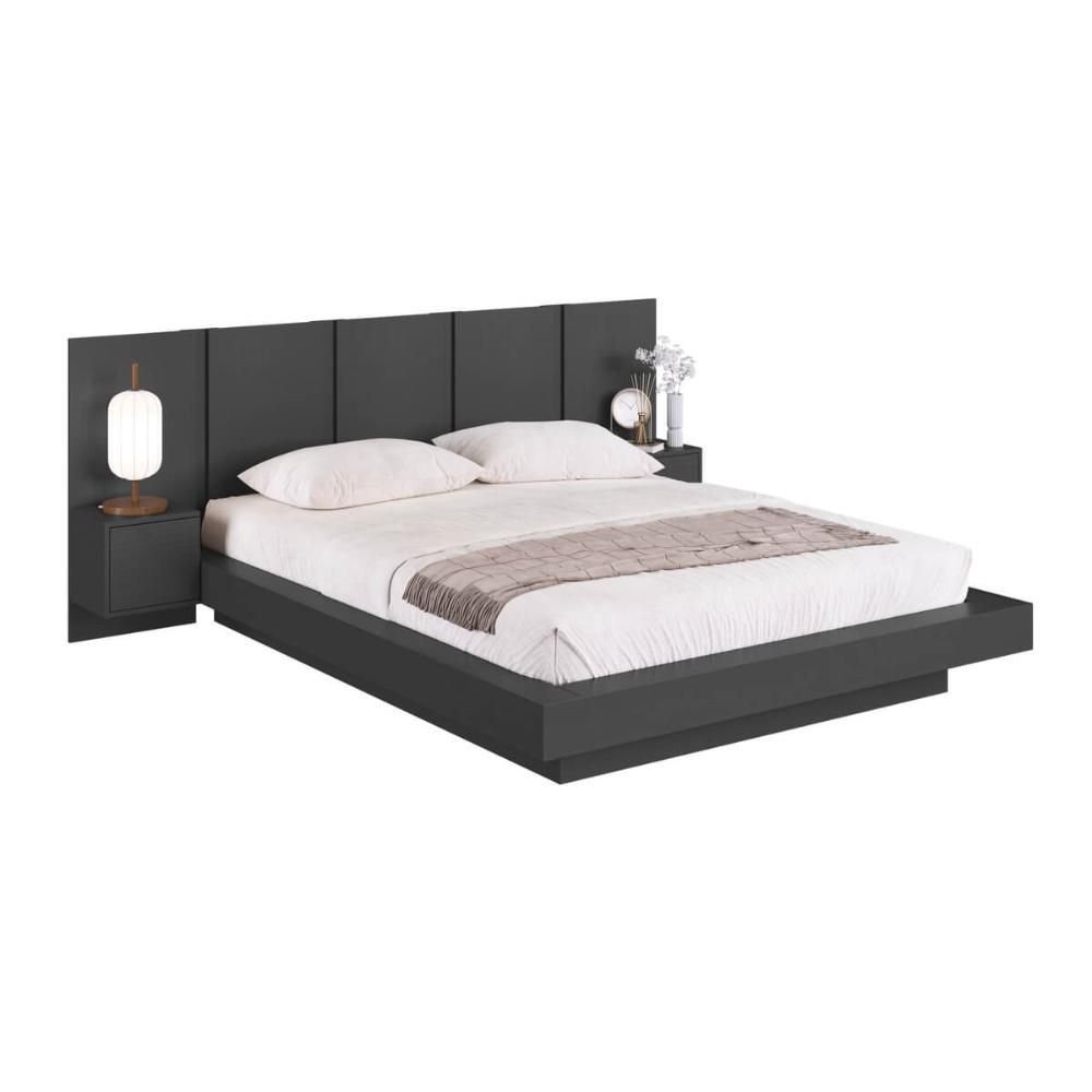 Cama de Casal Queen Suspensa Grafite com Cabeceira e Mesas de
