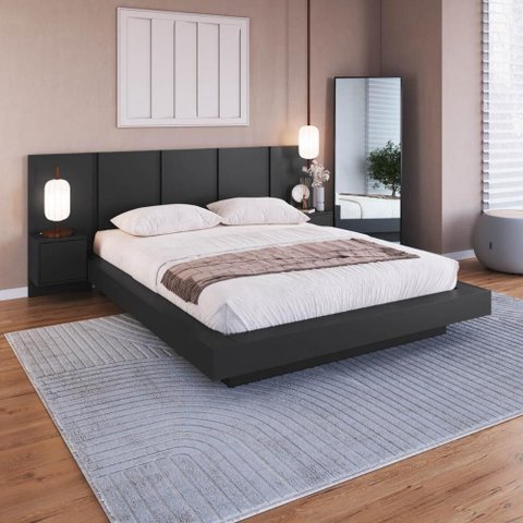 Cama Casal Queen Suspensa Zurique com Cabeceira e Mesas de Criados Mudos Grafite - Art In Móveis