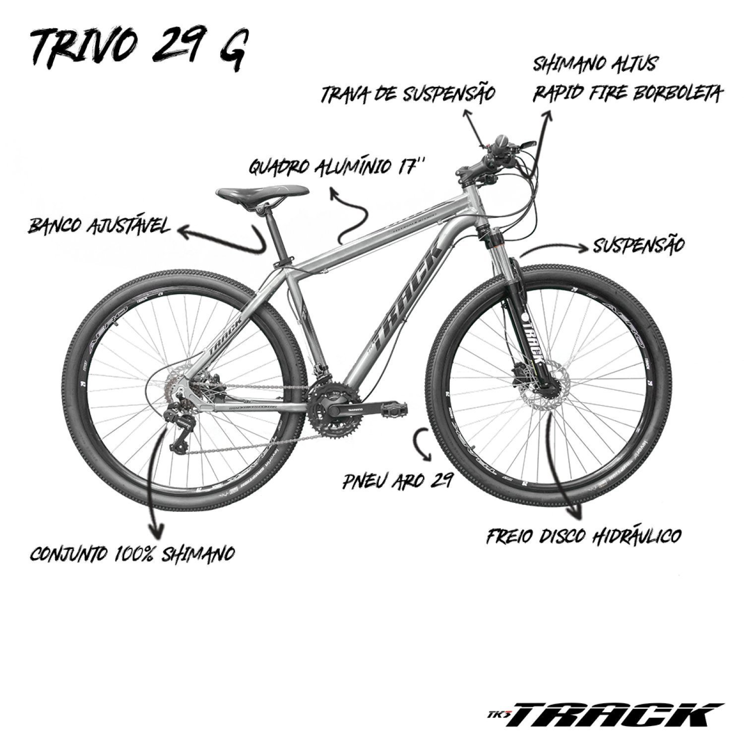 Bicicleta A29 Trivo Hidráulica MTB Shimano Freio à Disco Trava no Guidão TK3 Track - 8