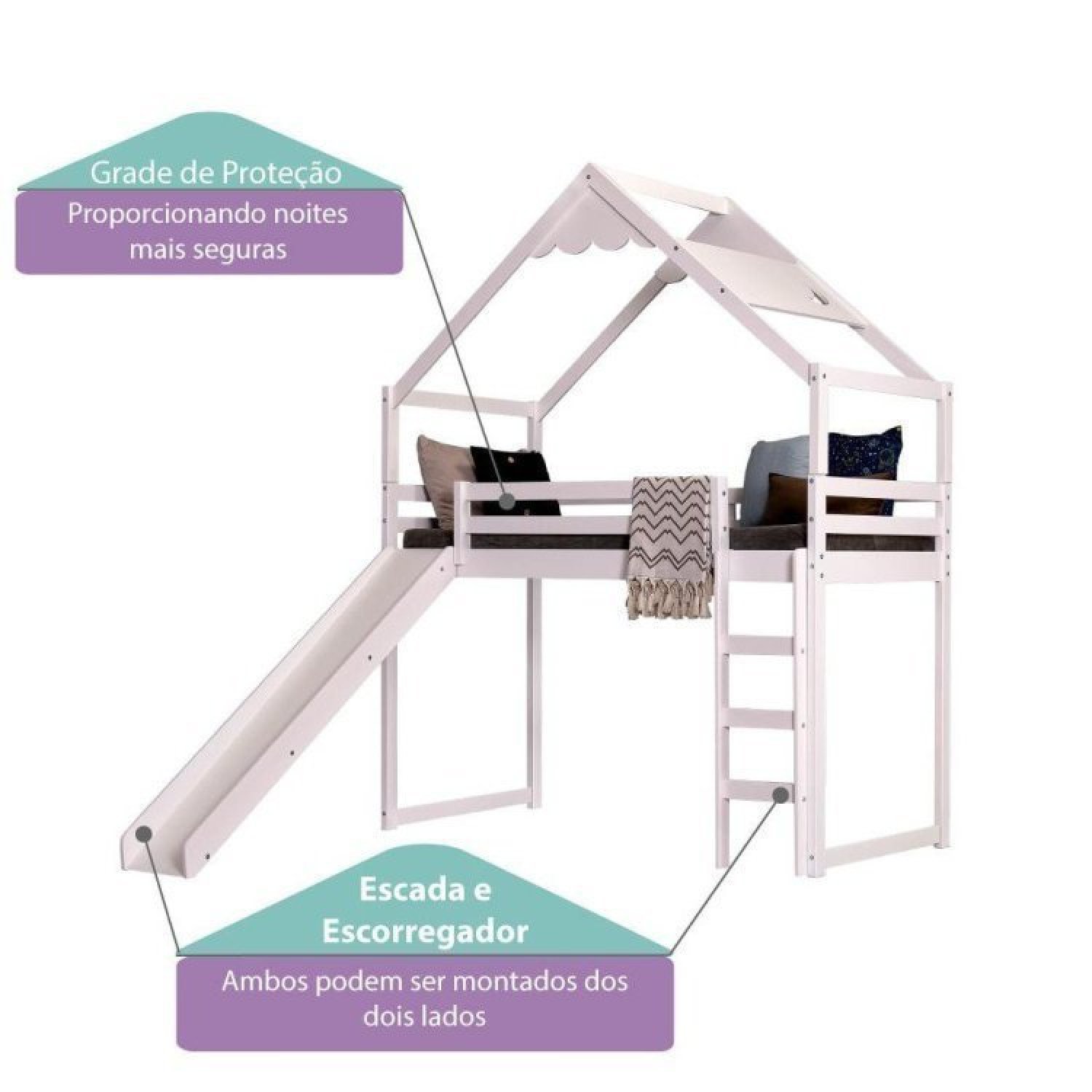 Cama Infantil Prime Alta II com Escorregador e Telhado Lua Casatema - 5