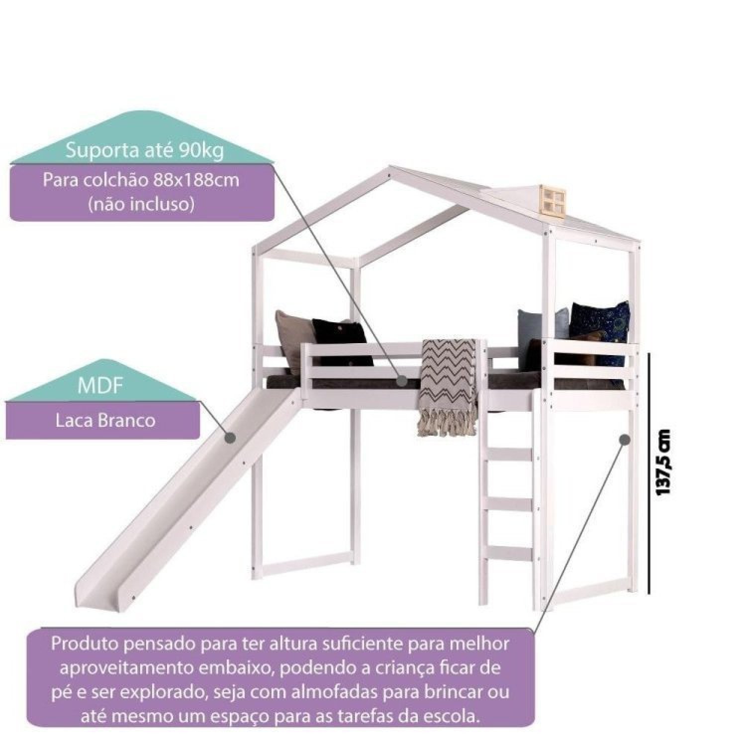 Cama Infantil Prime Alta II com Escorregador e Telhado Clarabóia Casatema - 3