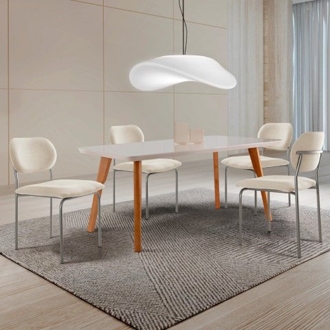 Conjunto Sala de Jantar Mesa Malta 120cm Tampo Laqueado Vidro Canto Moeda e 4 Cadeiras Marchezine