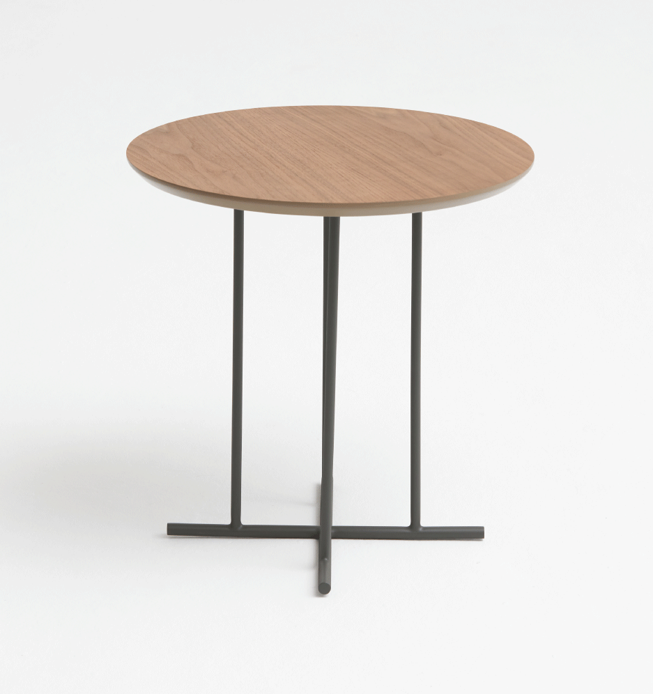 Mesa de Apoio X - Tampo Nogueira Natural - Base Aço Carbono - Altura 50cm