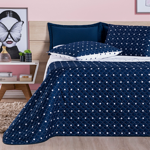 Conjunto Cama King Size Colcha Romance 200 Fios Super Elegante Petit Poá:marinho