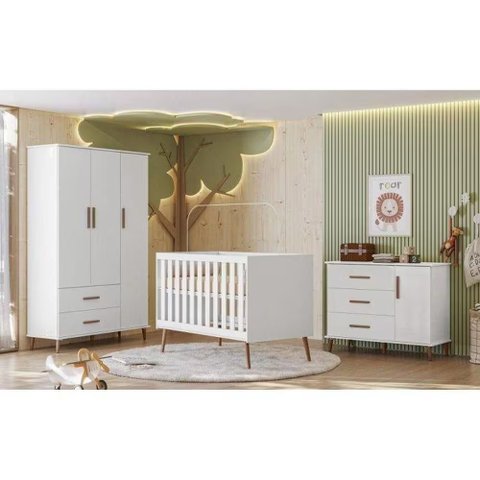 Quarto Infantil Completo Topazio Guarda Roupa Comoda e Berço Branco - Peternella