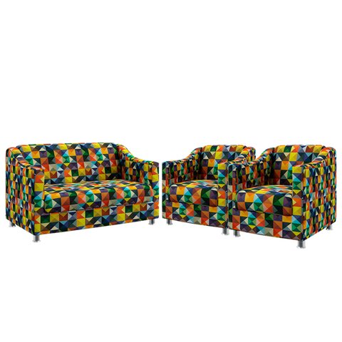 Kit Poltrona Namoradeira e 2 Poltronas Alya Suede Estampado Colorido Aradecor