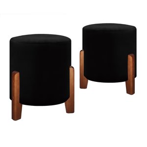 Kit 2 Puff Redondo Luxo Pés em Madeira Luna Veludo Moderno Conforto Penteadeira Cor Preto