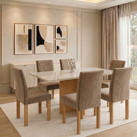 Conjunto Sala de Jantar 6 Lugares com Tampo de Vidro 160x80cm Marrom Cinamomo/Off White