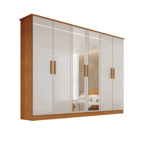 Guarda Roupa Nina Nat Off  100% MDF c/Espelho 6 Portas 4 Gavetas Puxador em Madeira - Bianchi Móveis